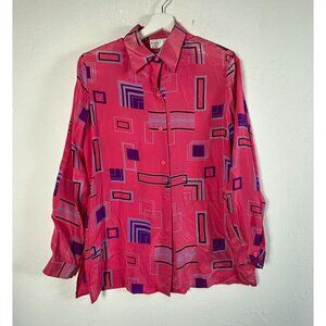 Silk Lore by Beth Terrell Womens Geometric Print Button-Up Shirt Blouse Small
